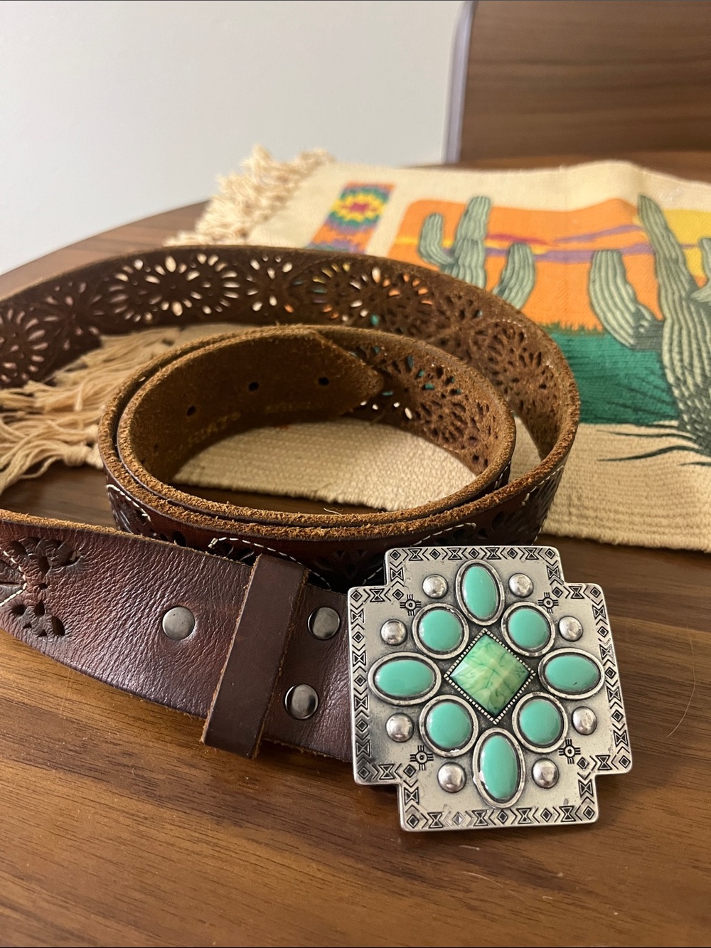 Ariat Brown Leather Belt with Turquoise Stone Concho Buckle